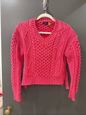 Like New Polo by Ralph Lauren Red Pink Cropped Aran-Knit Cotton V-Neck Sweater